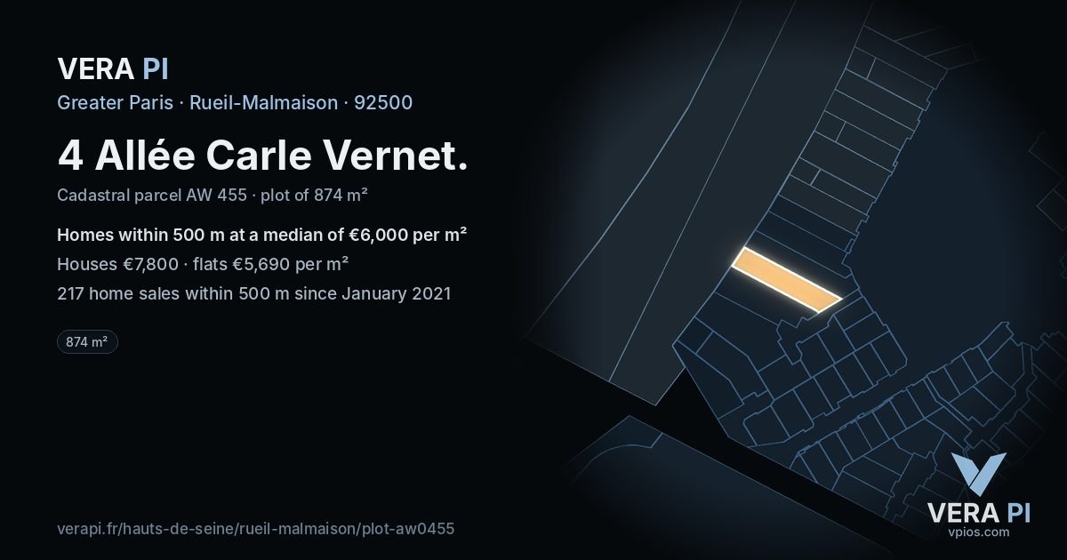 4 Allée Carle Vernet, Rueil-Malmaison at night – the plot lit, the parcels around coloured by the prices near them