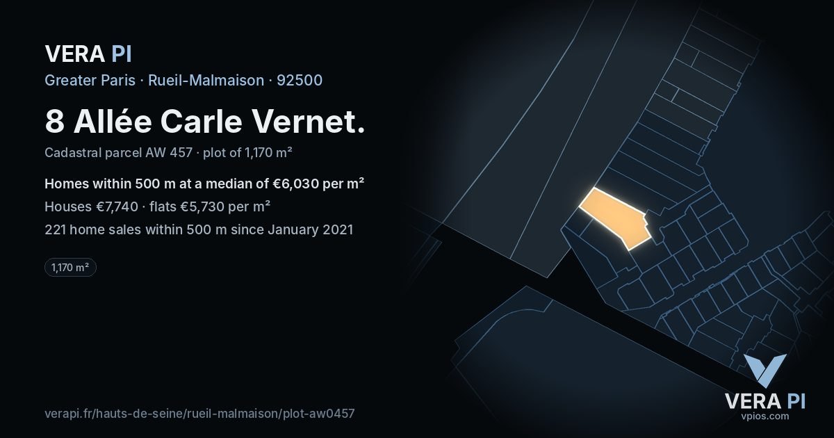 8 Allée Carle Vernet, Rueil-Malmaison at night – the plot lit, the parcels around coloured by the prices near them
