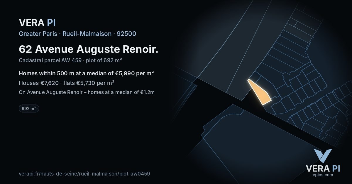 62 Avenue Auguste Renoir, Rueil-Malmaison at night – the plot lit, the parcels around coloured by the prices near them