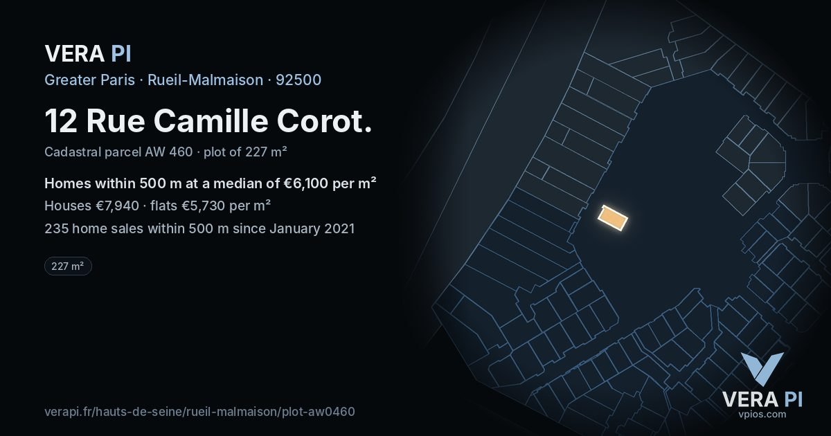 12 Rue Camille Corot, Rueil-Malmaison at night – the plot lit, the parcels around coloured by the prices near them