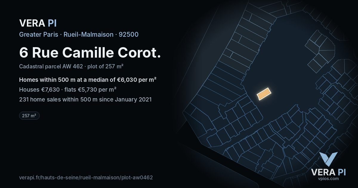 6 Rue Camille Corot, Rueil-Malmaison at night – the plot lit, the parcels around coloured by the prices near them