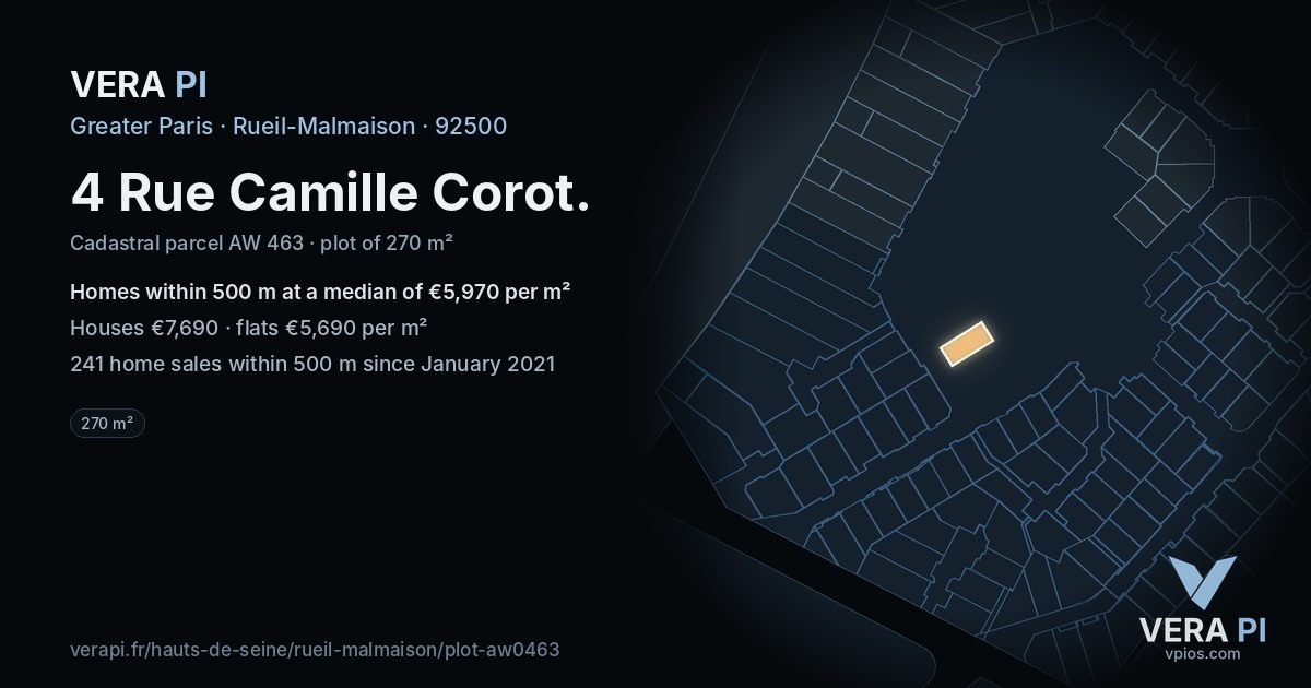 4 Rue Camille Corot, Rueil-Malmaison at night – the plot lit, the parcels around coloured by the prices near them