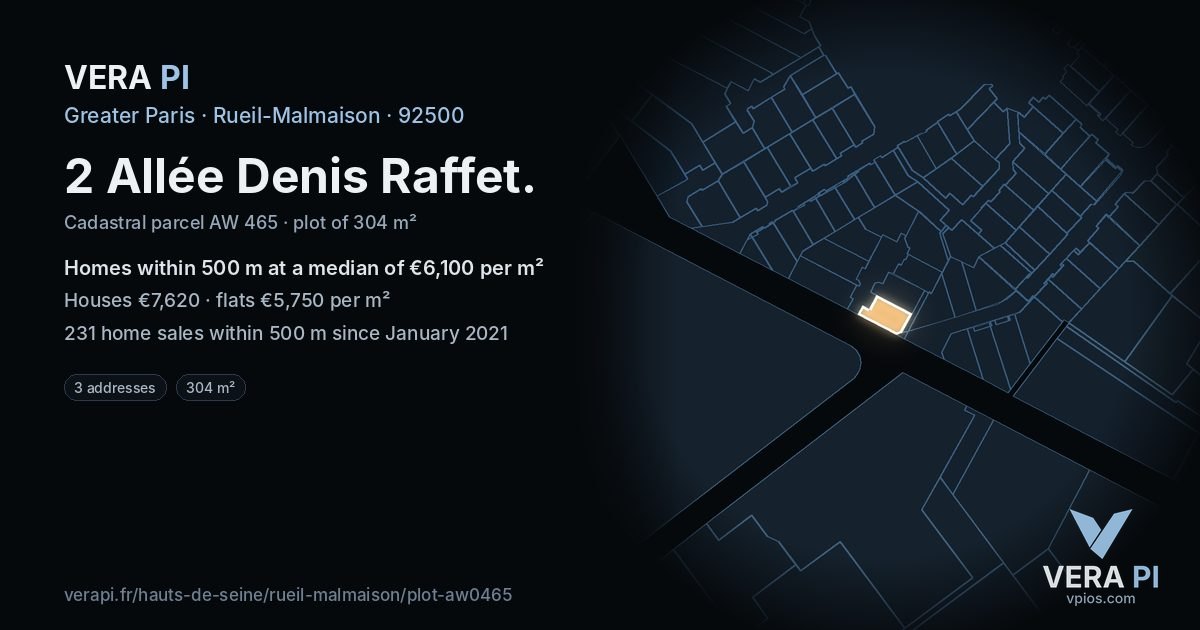 2 Allée Denis Raffet, Rueil-Malmaison at night – the plot lit, the parcels around coloured by the prices near them