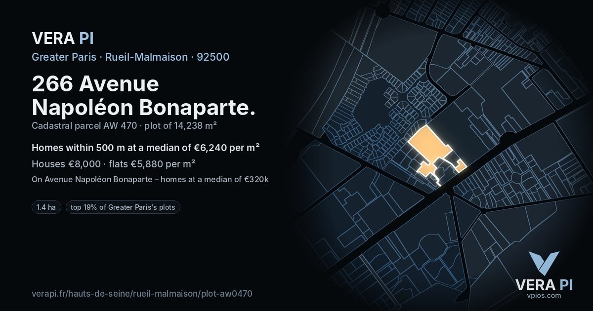 266 Avenue Napoléon Bonaparte, Rueil-Malmaison at night – the plot lit, the parcels around coloured by the prices near them