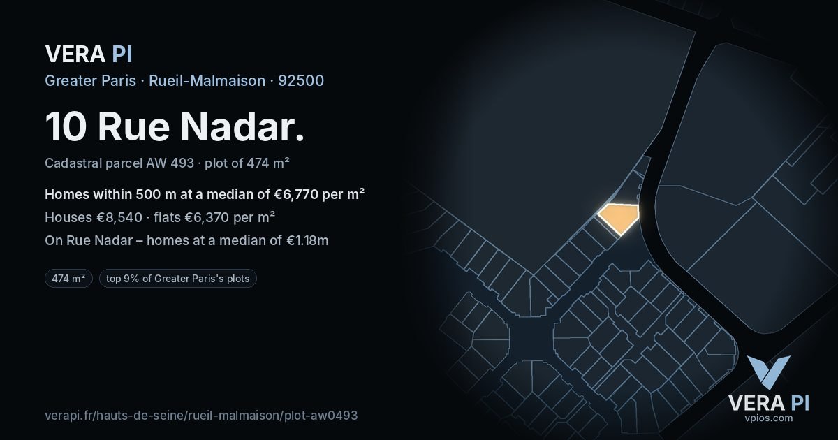 10 Rue Nadar, Rueil-Malmaison at night – the plot lit, the parcels around coloured by the prices near them