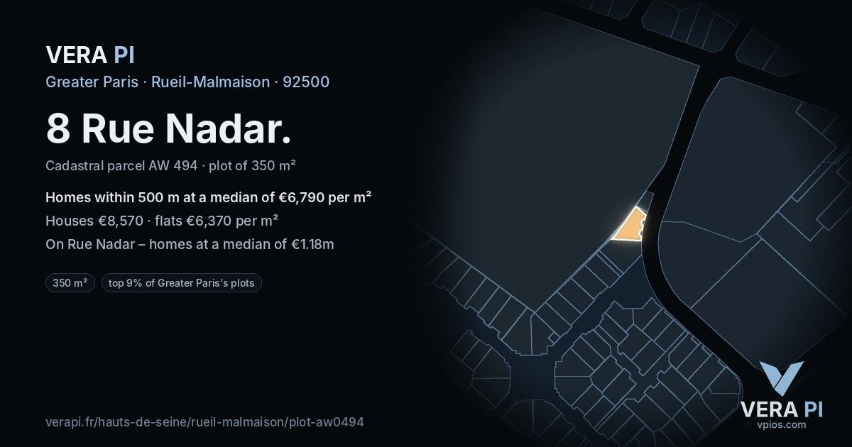 8 Rue Nadar, Rueil-Malmaison at night – the plot lit, the parcels around coloured by the prices near them