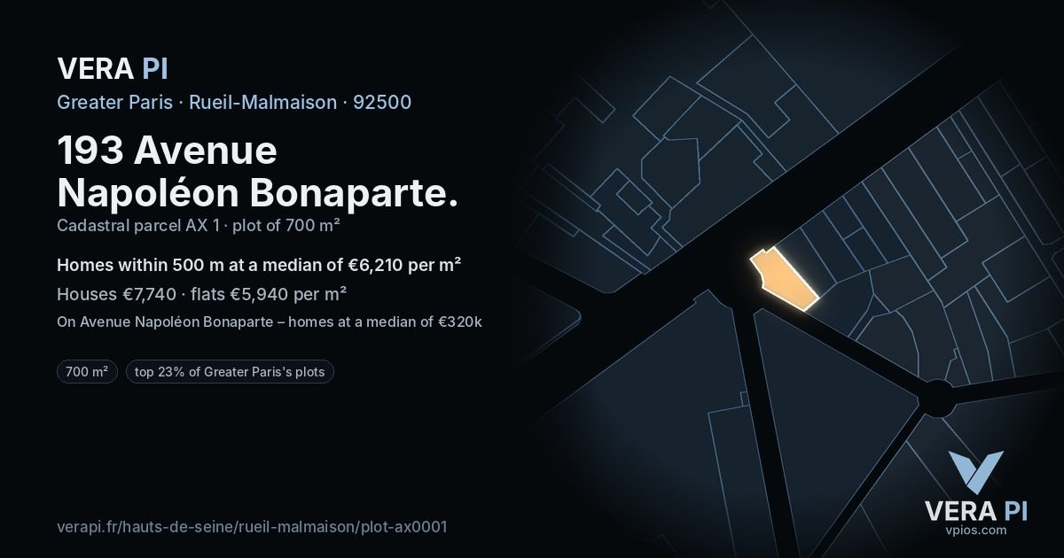 193 Avenue Napoléon Bonaparte, Rueil-Malmaison at night – the plot lit, the parcels around coloured by the prices near them