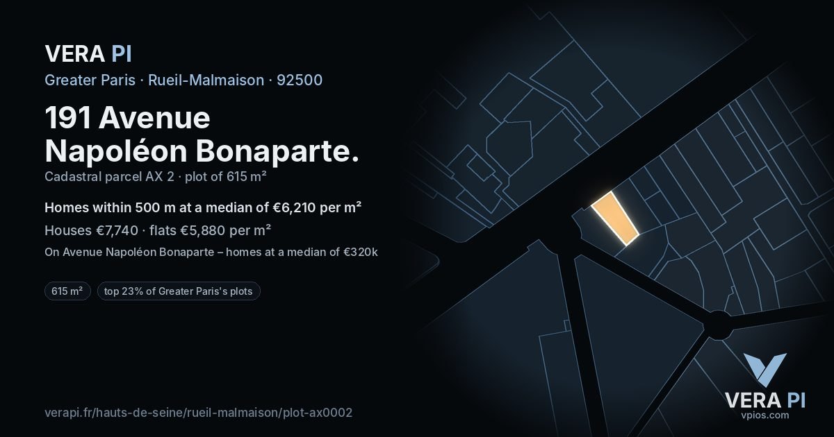 191 Avenue Napoléon Bonaparte, Rueil-Malmaison at night – the plot lit, the parcels around coloured by the prices near them