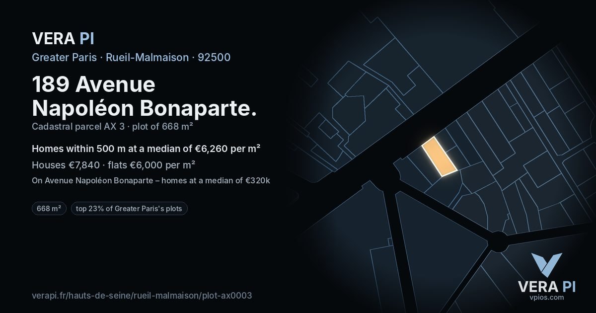 189 Avenue Napoléon Bonaparte, Rueil-Malmaison at night – the plot lit, the parcels around coloured by the prices near them