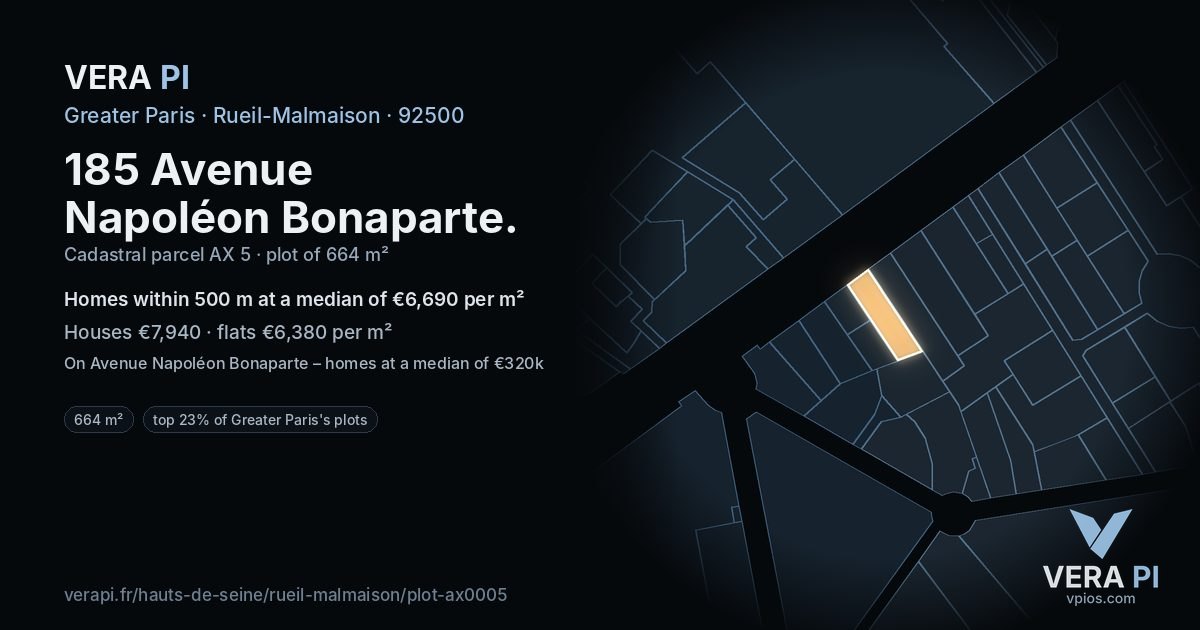 185 Avenue Napoléon Bonaparte, Rueil-Malmaison at night – the plot lit, the parcels around coloured by the prices near them