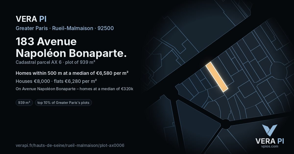 183 Avenue Napoléon Bonaparte, Rueil-Malmaison at night – the plot lit, the parcels around coloured by the prices near them