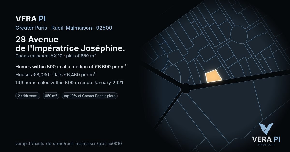 28 Avenue de l'Impératrice Joséphine, Rueil-Malmaison at night – the plot lit, the parcels around coloured by the prices near them