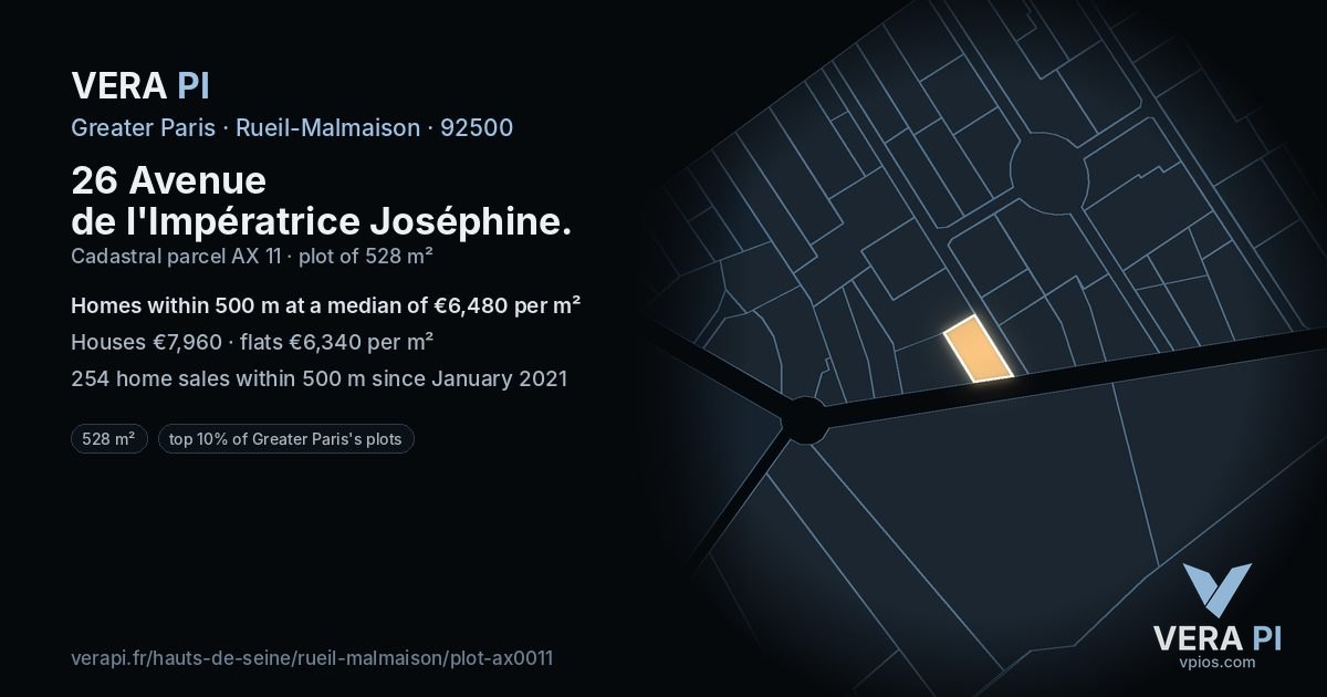 26 Avenue de l'Impératrice Joséphine, Rueil-Malmaison at night – the plot lit, the parcels around coloured by the prices near them