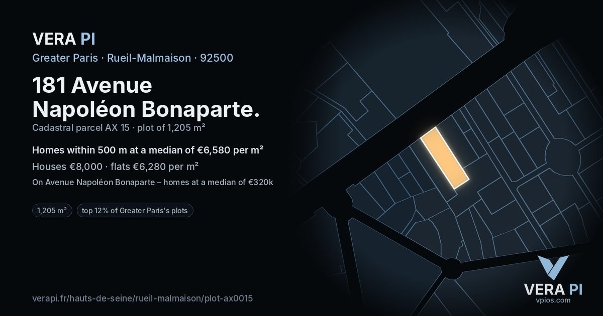 181 Avenue Napoléon Bonaparte, Rueil-Malmaison at night – the plot lit, the parcels around coloured by the prices near them