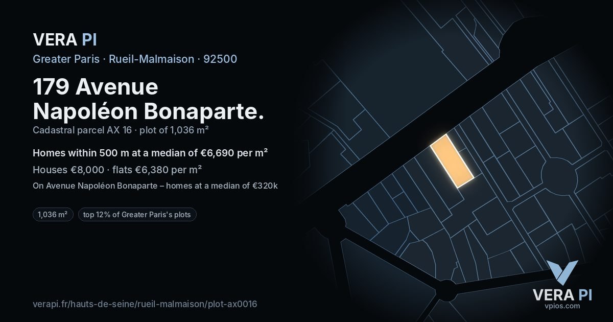179 Avenue Napoléon Bonaparte, Rueil-Malmaison at night – the plot lit, the parcels around coloured by the prices near them