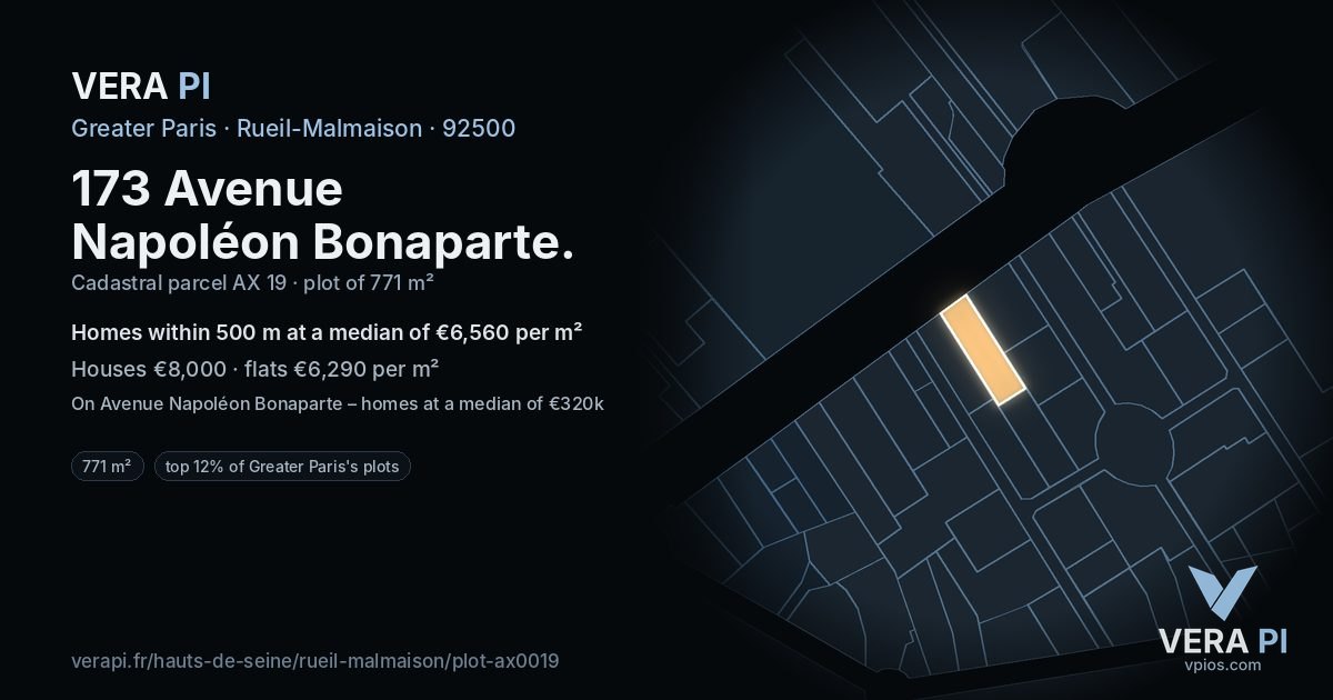 173 Avenue Napoléon Bonaparte, Rueil-Malmaison at night – the plot lit, the parcels around coloured by the prices near them