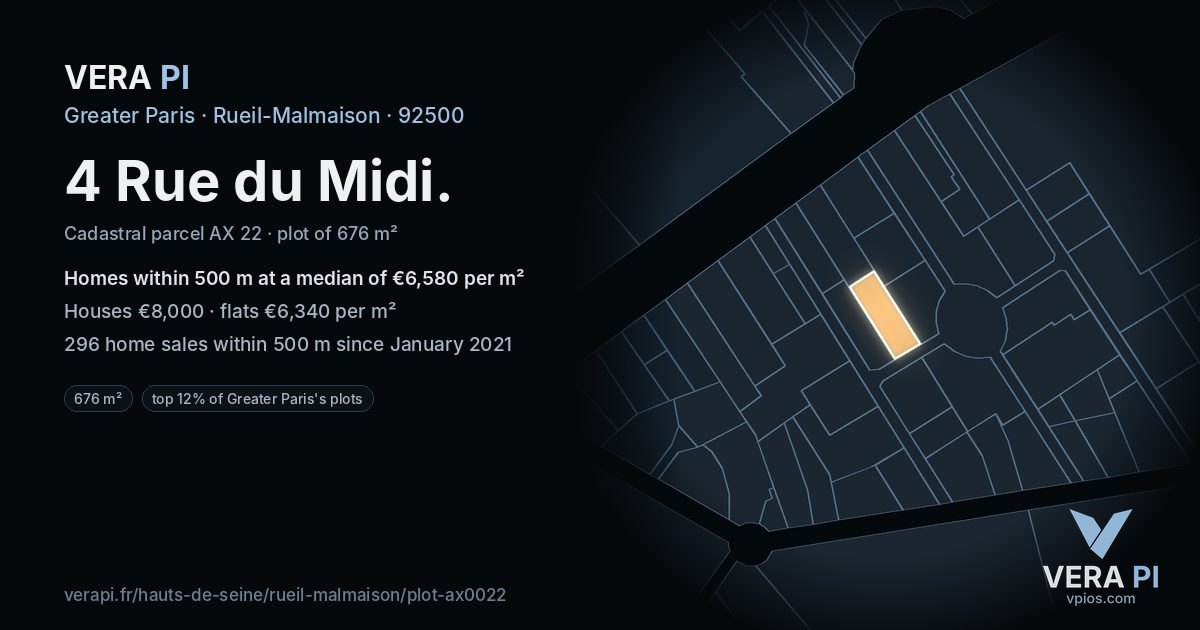 4 Rue du Midi, Rueil-Malmaison at night – the plot lit, the parcels around coloured by the prices near them