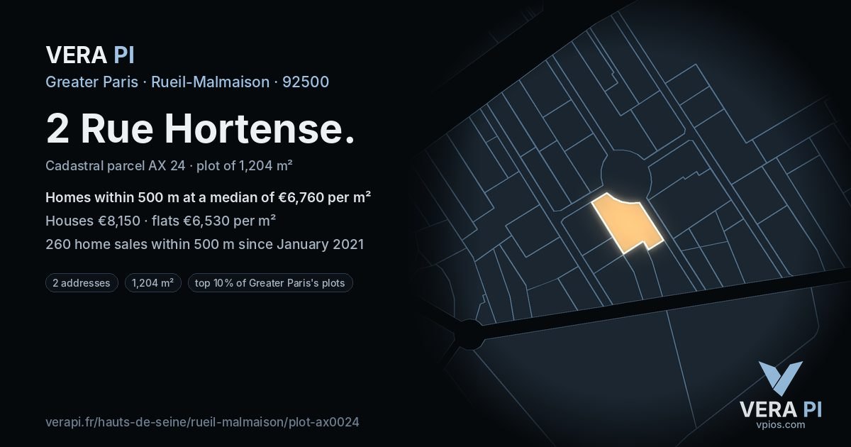 2 Rue Hortense, Rueil-Malmaison at night – the plot lit, the parcels around coloured by the prices near them