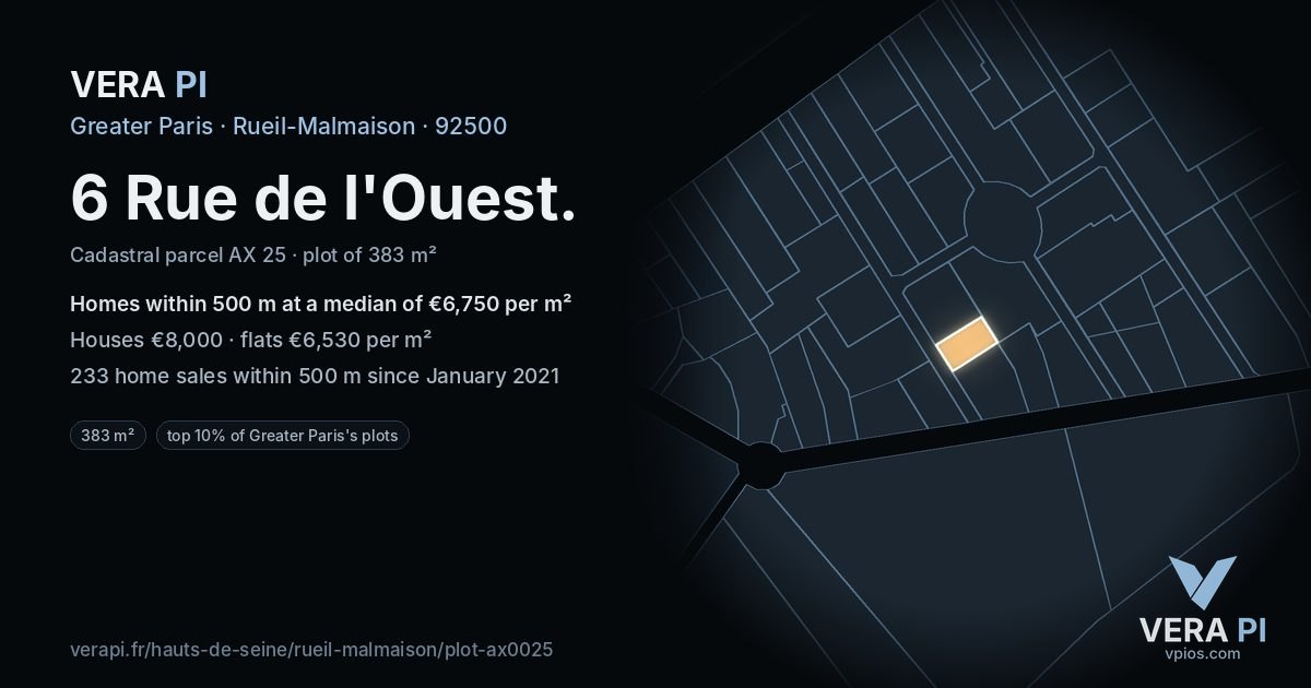 6 Rue de l'Ouest, Rueil-Malmaison at night – the plot lit, the parcels around coloured by the prices near them
