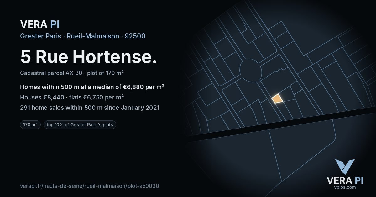 5 Rue Hortense, Rueil-Malmaison at night – the plot lit, the parcels around coloured by the prices near them