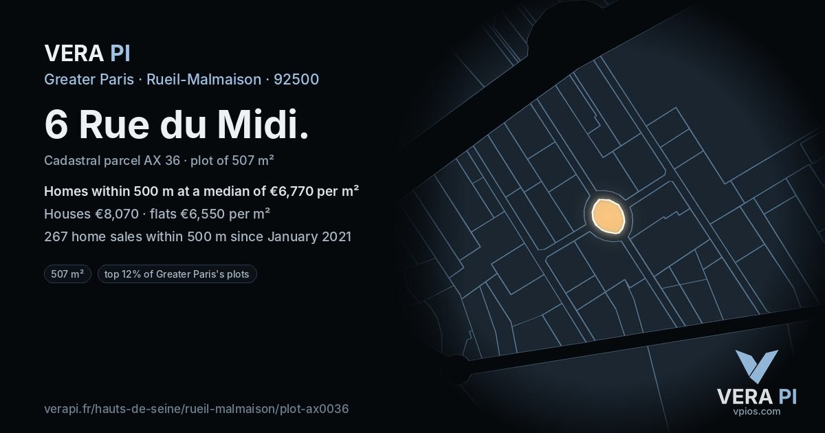 6 Rue du Midi, Rueil-Malmaison at night – the plot lit, the parcels around coloured by the prices near them