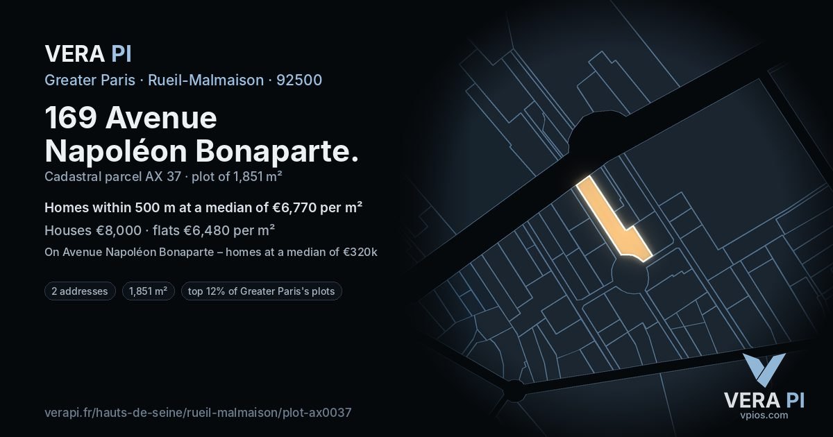 169 Avenue Napoléon Bonaparte, Rueil-Malmaison at night – the plot lit, the parcels around coloured by the prices near them