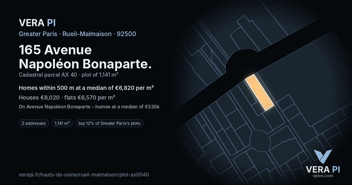 165 Avenue Napoléon Bonaparte, Rueil-Malmaison at night – the plot lit, the parcels around coloured by the prices near them