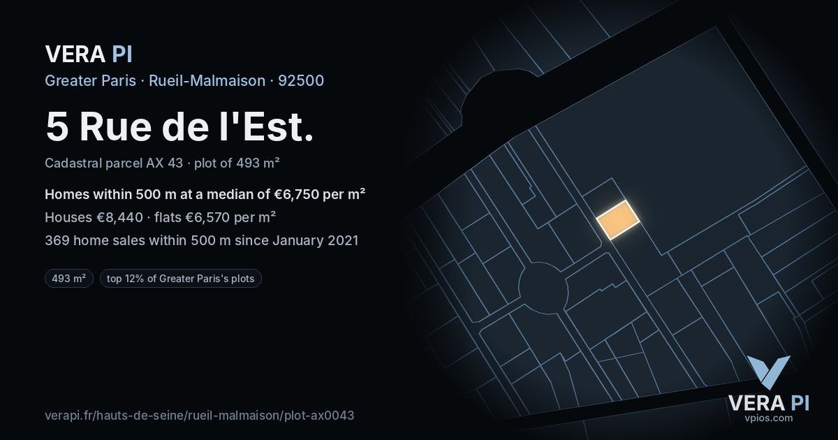 5 Rue de l'Est, Rueil-Malmaison at night – the plot lit, the parcels around coloured by the prices near them