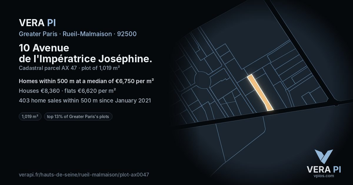 10 Avenue de l'Impératrice Joséphine, Rueil-Malmaison at night – the plot lit, the parcels around coloured by the prices near them