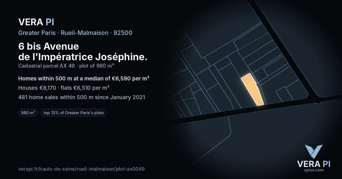 6 bis Avenue de l'Impératrice Joséphine, Rueil-Malmaison at night – the plot lit, the parcels around coloured by the prices near them