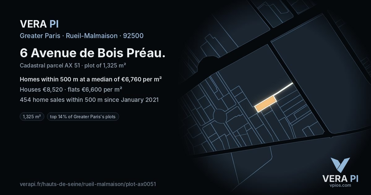 6 Avenue de Bois Préau, Rueil-Malmaison at night – the plot lit, the parcels around coloured by the prices near them