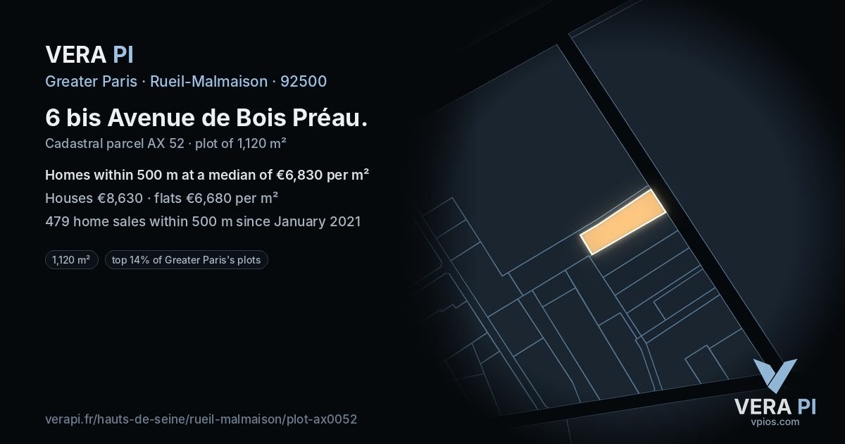 6 bis Avenue de Bois Préau, Rueil-Malmaison at night – the plot lit, the parcels around coloured by the prices near them