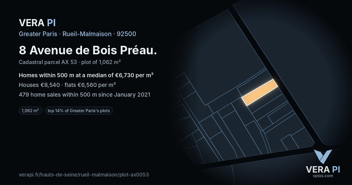 8 Avenue de Bois Préau, Rueil-Malmaison at night – the plot lit, the parcels around coloured by the prices near them