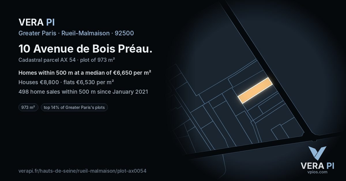 10 Avenue de Bois Préau, Rueil-Malmaison at night – the plot lit, the parcels around coloured by the prices near them