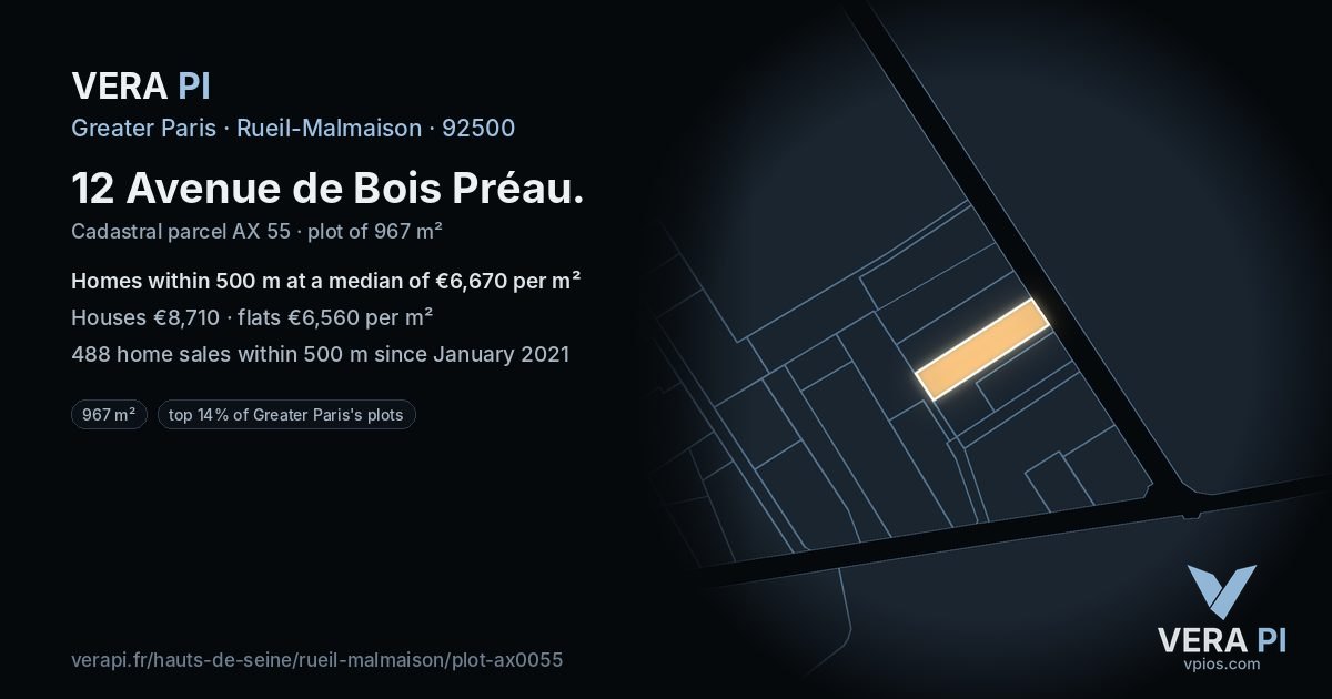 12 Avenue de Bois Préau, Rueil-Malmaison at night – the plot lit, the parcels around coloured by the prices near them