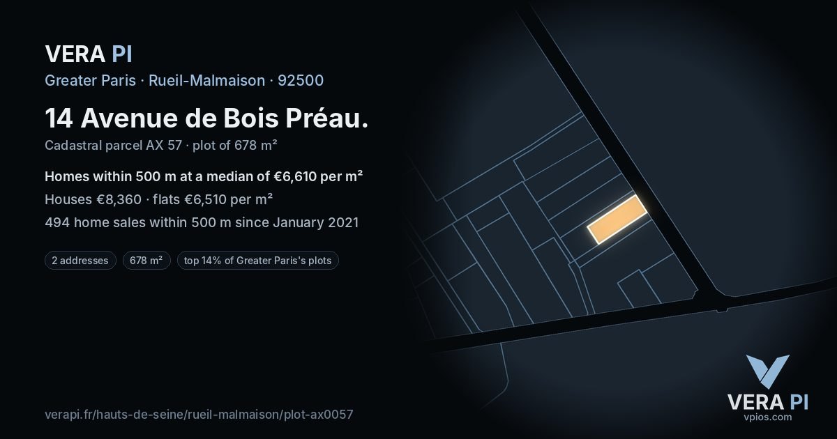 14 Avenue de Bois Préau, Rueil-Malmaison at night – the plot lit, the parcels around coloured by the prices near them
