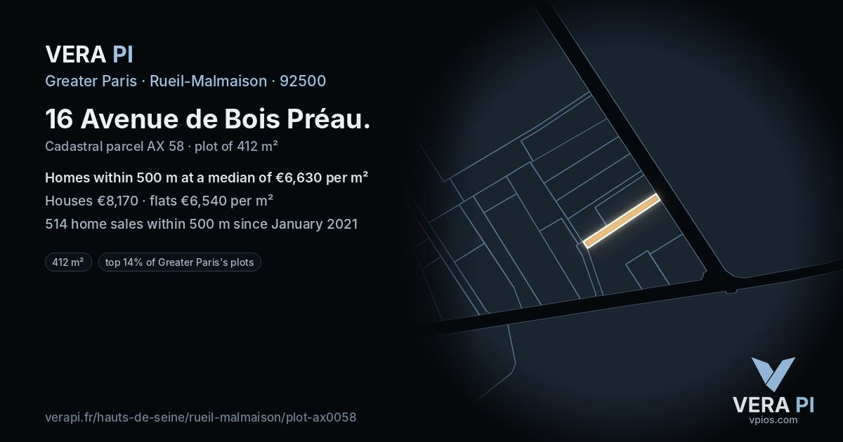 16 Avenue de Bois Préau, Rueil-Malmaison at night – the plot lit, the parcels around coloured by the prices near them
