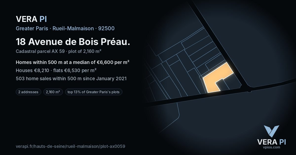 18 Avenue de Bois Préau, Rueil-Malmaison at night – the plot lit, the parcels around coloured by the prices near them