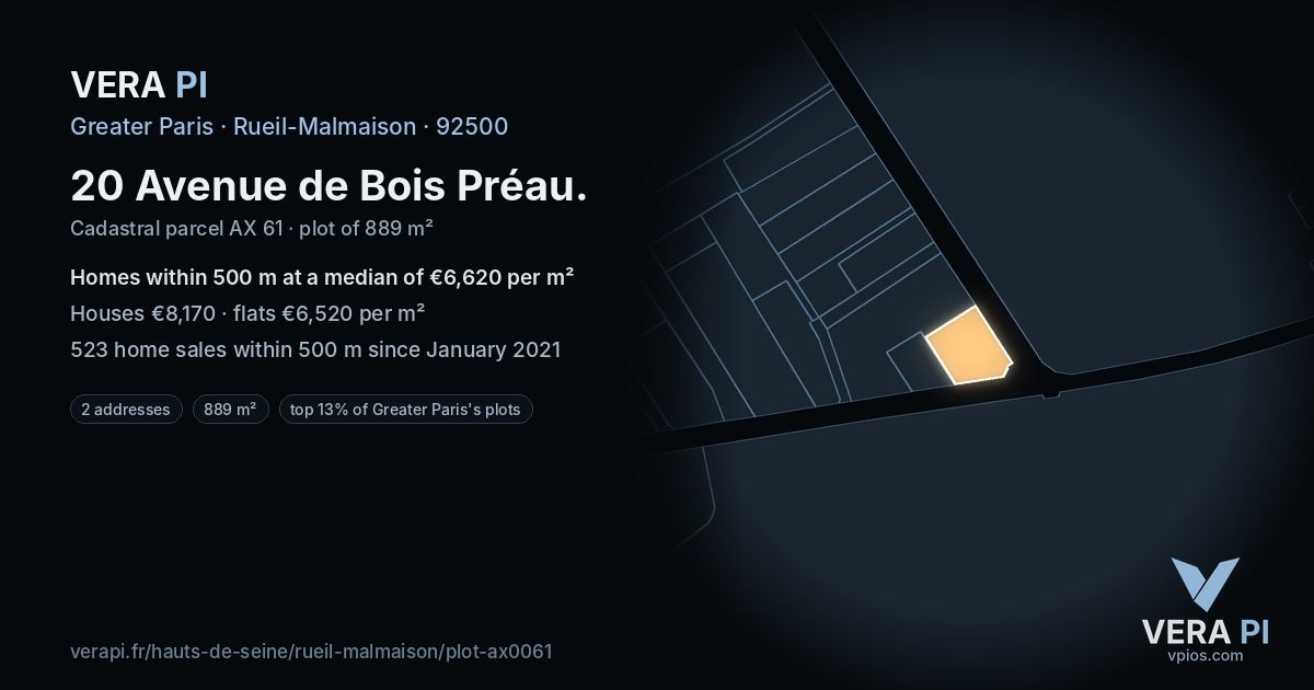 20 Avenue de Bois Préau, Rueil-Malmaison at night – the plot lit, the parcels around coloured by the prices near them