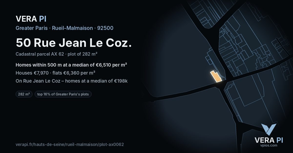 50 Rue Jean Le Coz, Rueil-Malmaison at night – the plot lit, the parcels around coloured by the prices near them