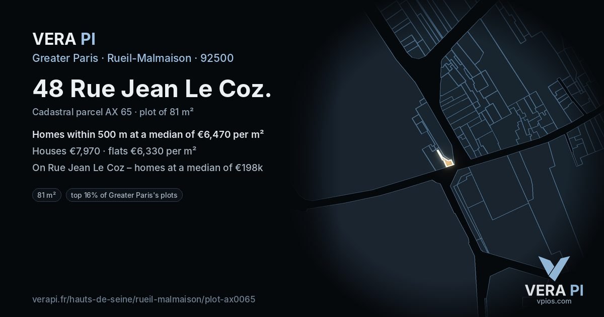 48 Rue Jean Le Coz, Rueil-Malmaison at night – the plot lit, the parcels around coloured by the prices near them