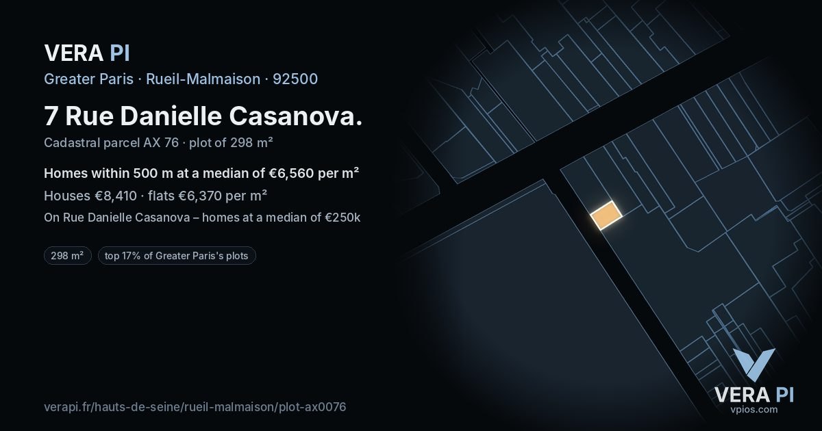 7 Rue Danielle Casanova, Rueil-Malmaison at night – the plot lit, the parcels around coloured by the prices near them