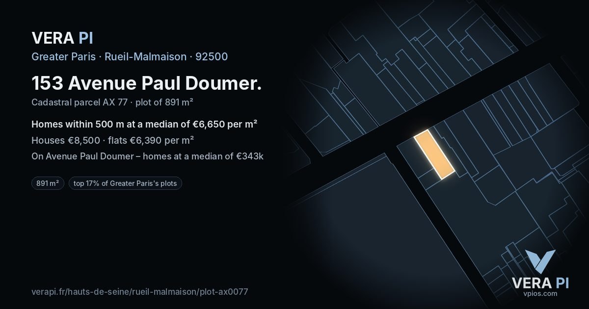 153 Avenue Paul Doumer, Rueil-Malmaison at night – the plot lit, the parcels around coloured by the prices near them