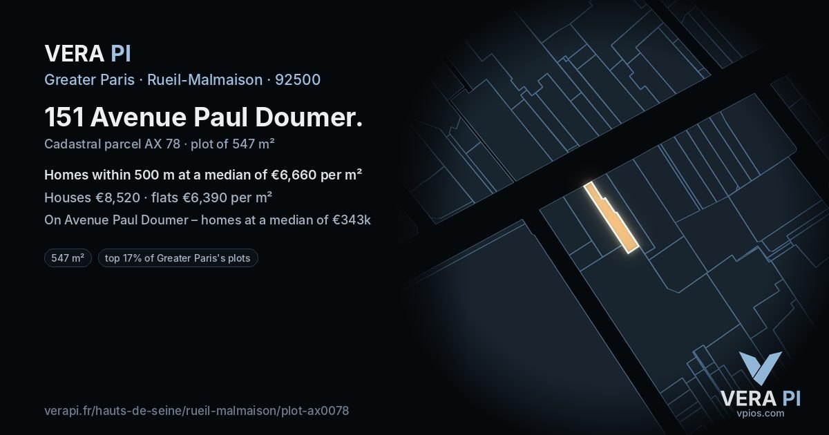 151 Avenue Paul Doumer, Rueil-Malmaison at night – the plot lit, the parcels around coloured by the prices near them