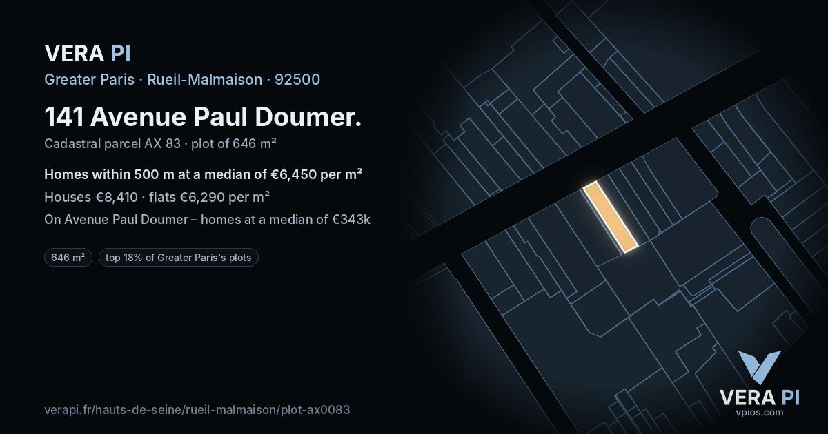 141 Avenue Paul Doumer, Rueil-Malmaison at night – the plot lit, the parcels around coloured by the prices near them