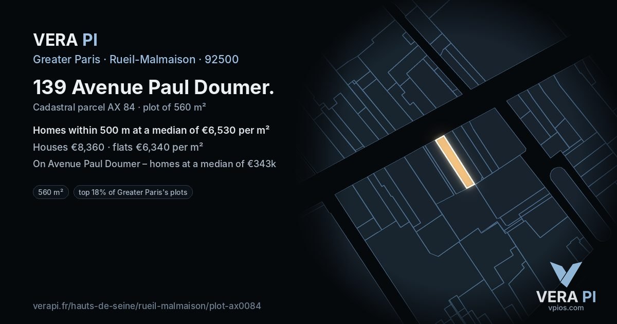 139 Avenue Paul Doumer, Rueil-Malmaison at night – the plot lit, the parcels around coloured by the prices near them