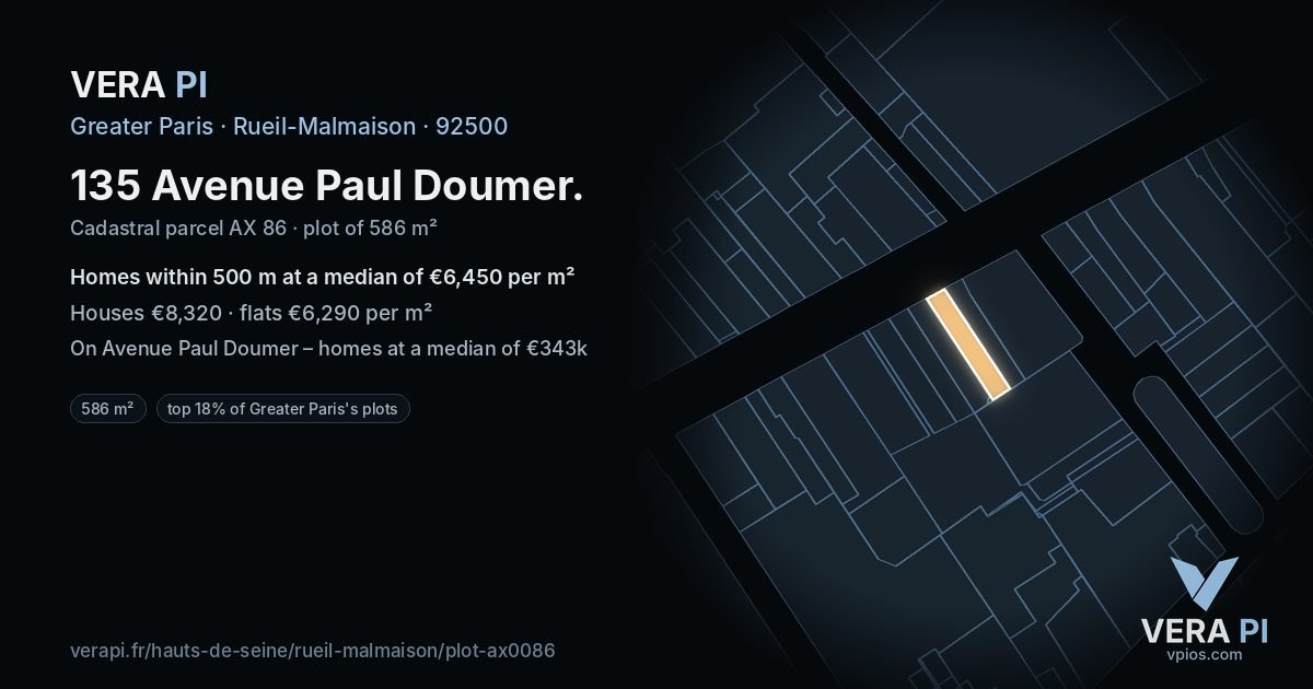 135 Avenue Paul Doumer, Rueil-Malmaison at night – the plot lit, the parcels around coloured by the prices near them