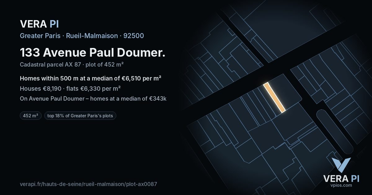 133 Avenue Paul Doumer, Rueil-Malmaison at night – the plot lit, the parcels around coloured by the prices near them