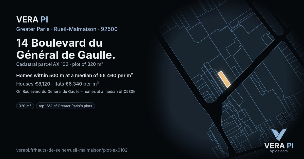 14 Boulevard du Général de Gaulle, Rueil-Malmaison at night – the plot lit, the parcels around coloured by the prices near them