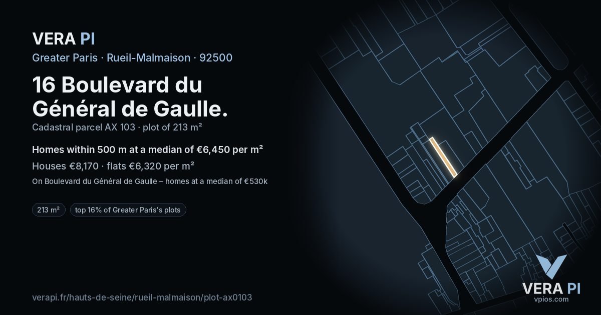16 Boulevard du Général de Gaulle, Rueil-Malmaison at night – the plot lit, the parcels around coloured by the prices near them